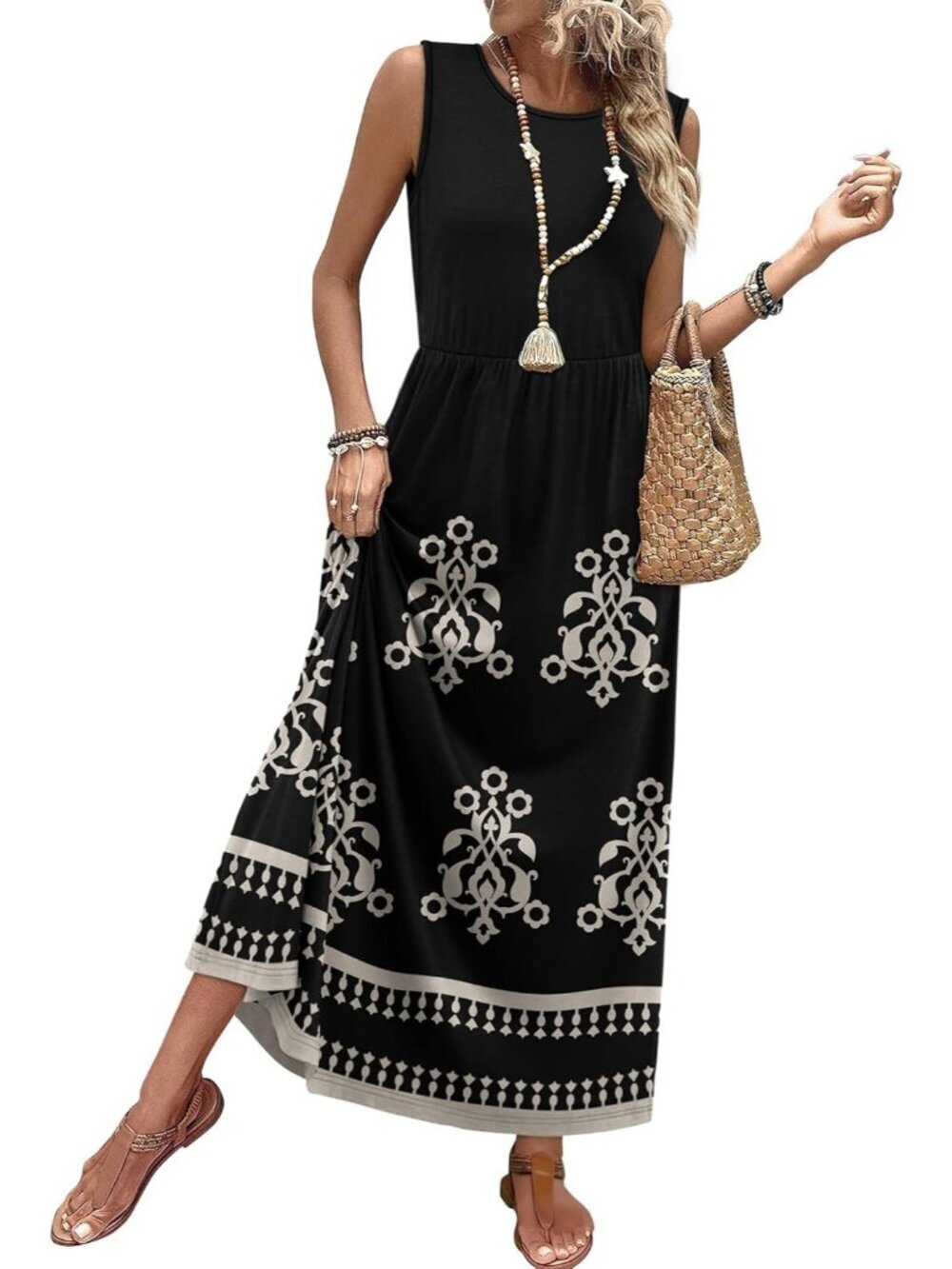 Women Boho Black Pull On A Line Sleeveless Sundresses with Pockets Maxi Dresses